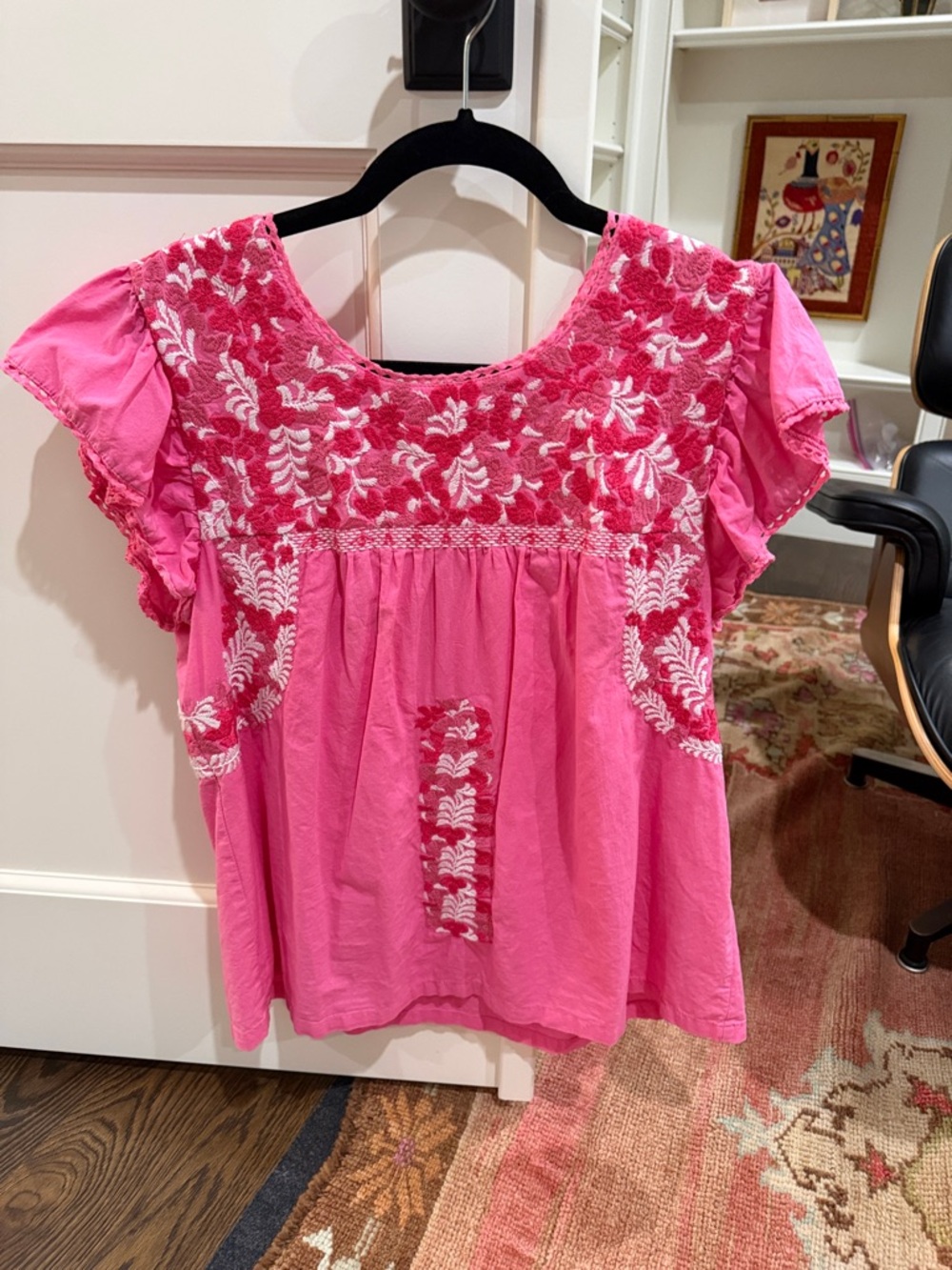 Women's Pink Embroidered Short-Sleeve Blouse
